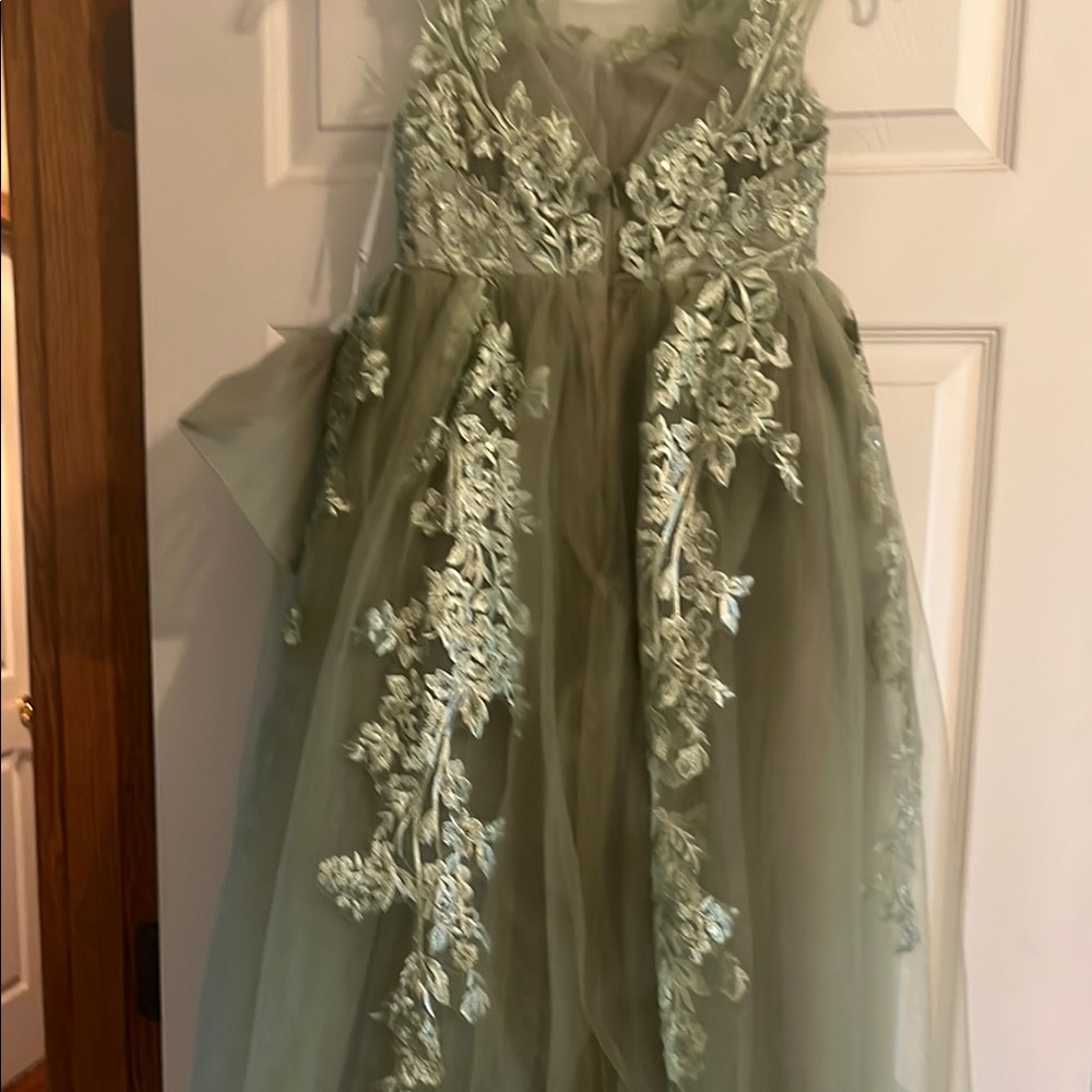Green Sleeveless Crew Neck Tiered Gown - Picture 3 of 3